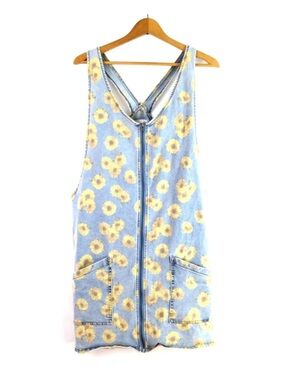 SO Denim Sunflower Mini Overall Dress XXL Blue Yellow Floral Zip Front Pinafore